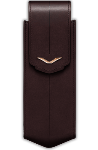 The vertical case is made of brown saddle leather logo "V" in 18-carat red gold