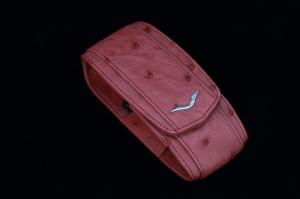 Closed case raspberry ostrich leather with a logo in the shape of the letter V made of stainless steel