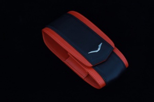 Vertical case black and red calf leather logo "V" stainless steel