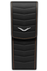 Vertical rubberized case on the basis of black calfskin pattern in gills and V logo in stainless steel