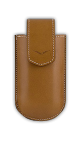 The vertical case is made of brown leather with embossed logo V
